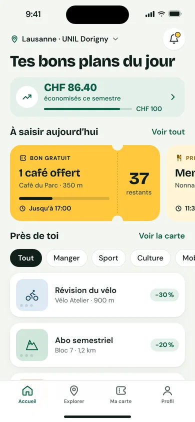 Écran d’accueil de l’app Campusly avec les bons plans du jour à Lausanne