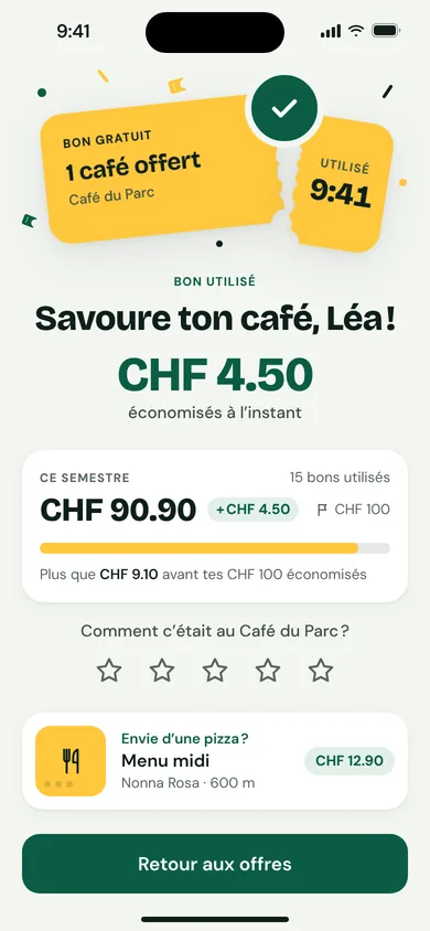 Écran de l’app Campusly après l’utilisation d’un bon : CHF 4.50 économisés