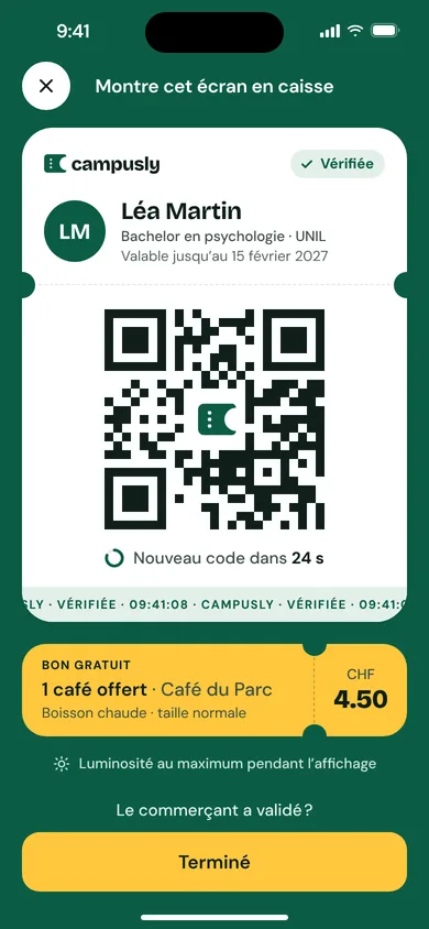 Écran de l’app Campusly à montrer en caisse, avec la carte étudiante et le code QR