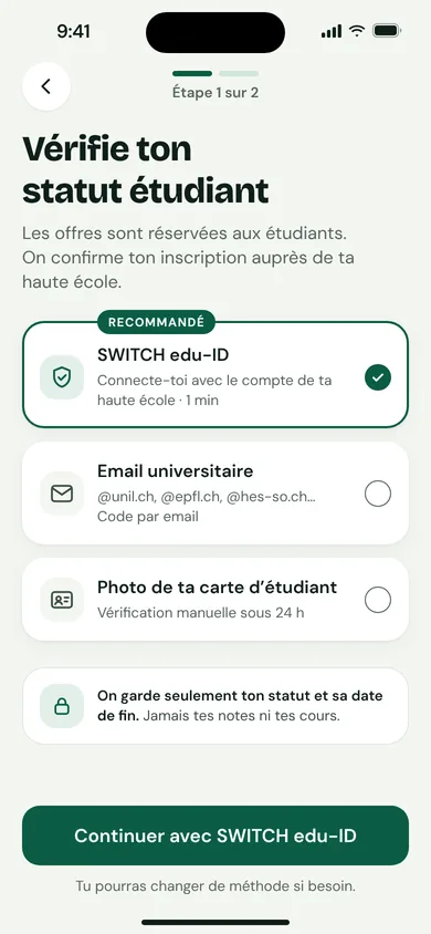 Écran de l’app Campusly : choix de la méthode de vérification du statut étudiant