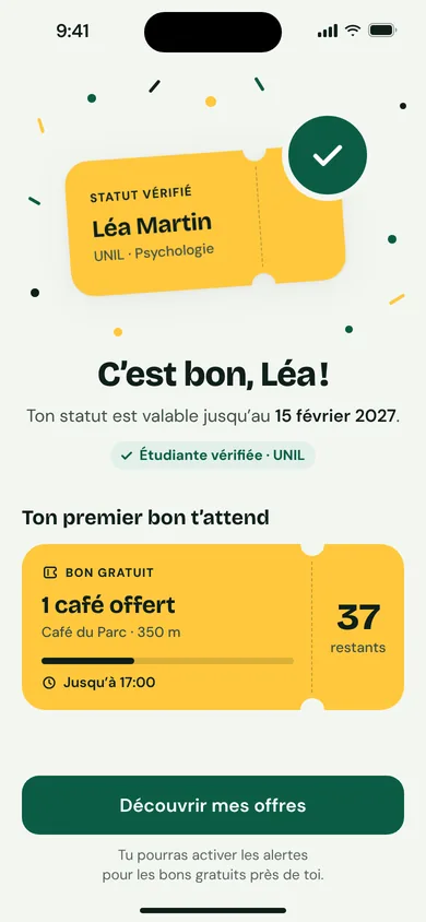 Écran de l’app Campusly : statut étudiant vérifié et premier bon gratuit